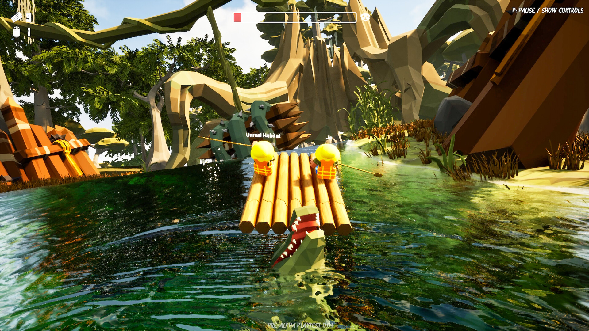 A crocodile bursts out of the water in front of two rafters
