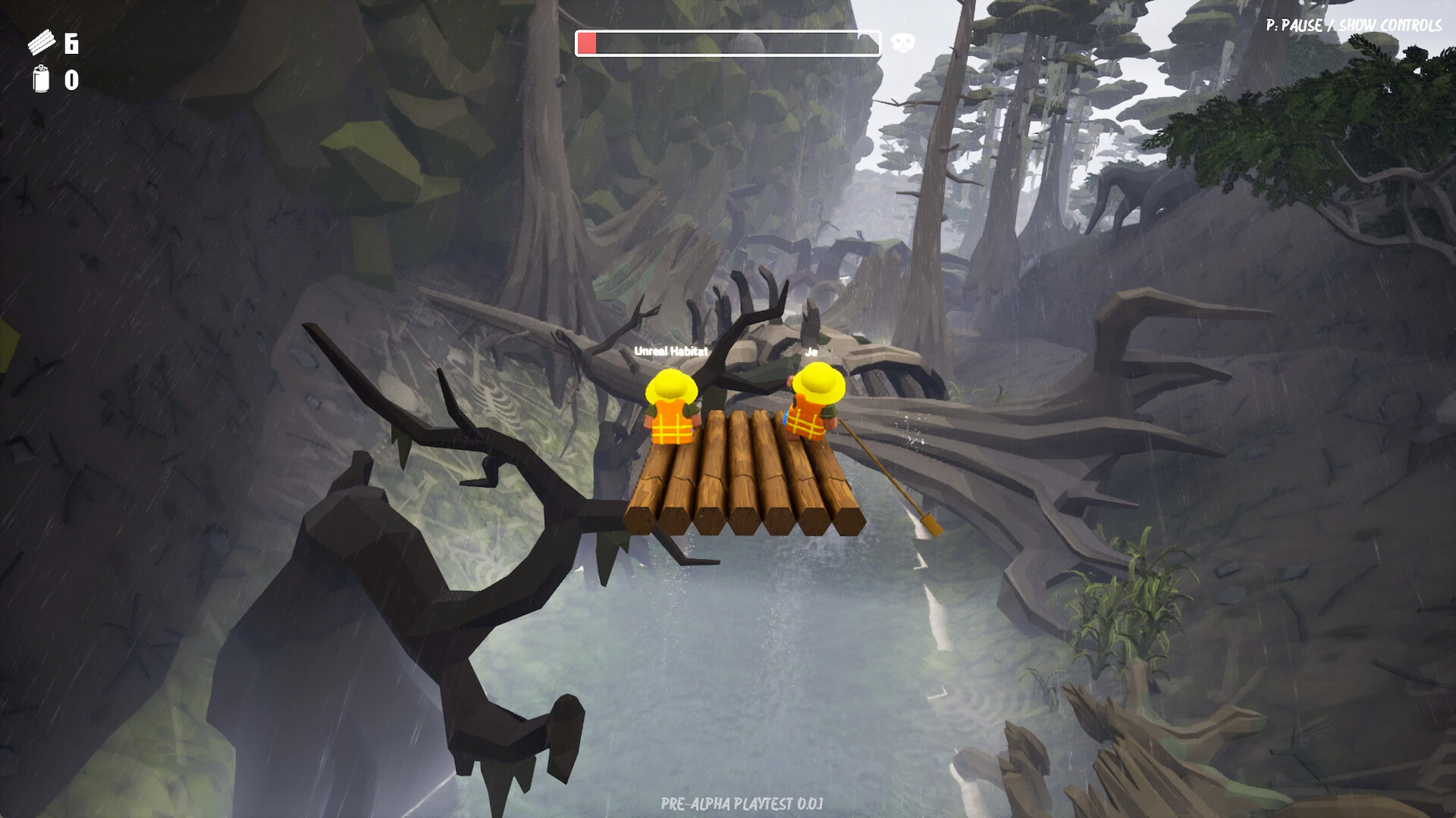 A misty canyon with twisted dead trees over the water